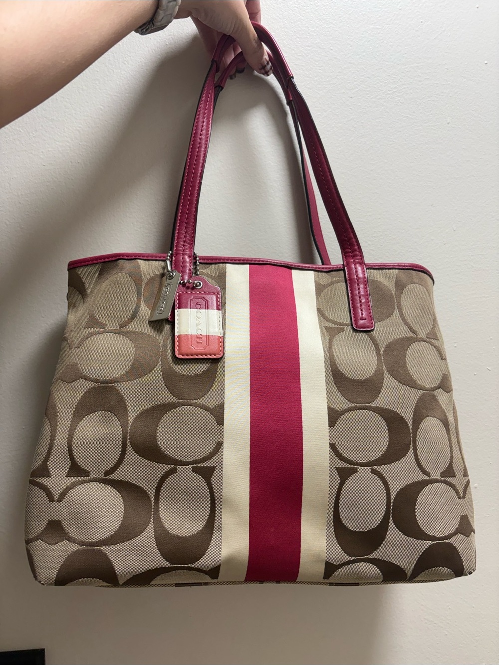 Coach Y2K Signature Stripe Pink Tote Bag